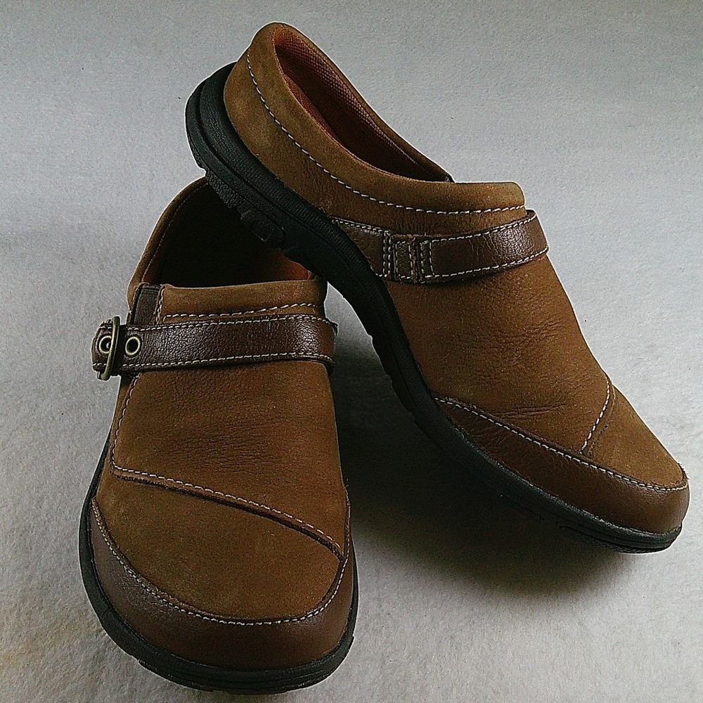 Merrell Oak Brown Leather Suede Clogs Mules Buckle Strap Womens 6.5 J69088